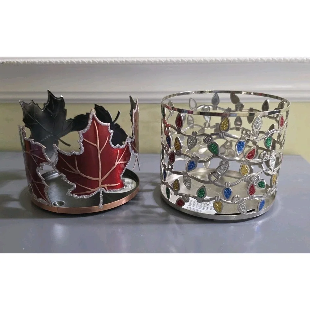 Bath & Body Works Christmas Lights & Fall Leaves 3 Wick Metal Candle Holder Lot